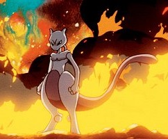 mewtwo standing in front of a fire