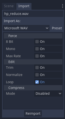 The import screen, with the looped option checked
